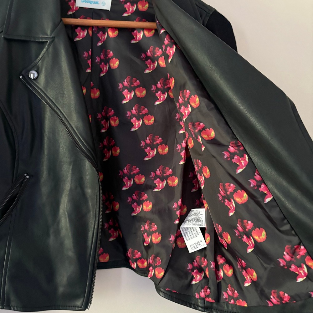 Desigual Moto Jacket 42 Black Floral Knit Sleeve Mixed Media Biker - Picture 8 of 16